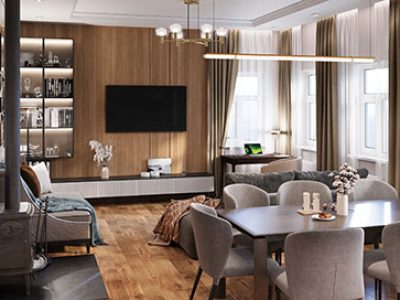 дизайн интерьера гостиной с камином